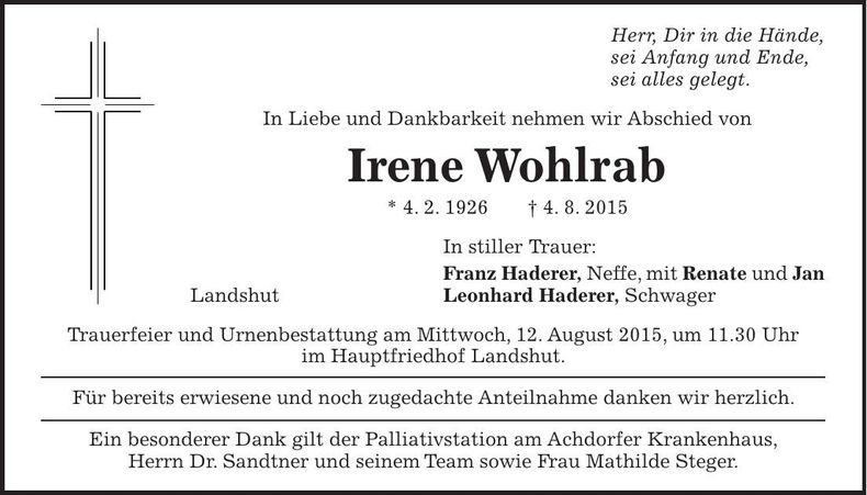 Traueranzeige Irene Wohlrab