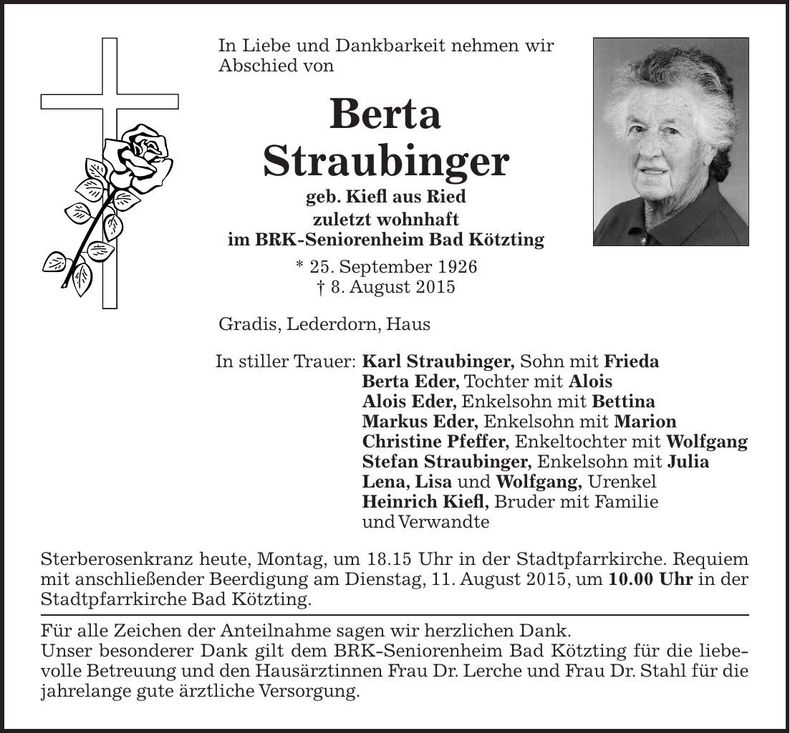 Traueranzeige Berta Straubinger