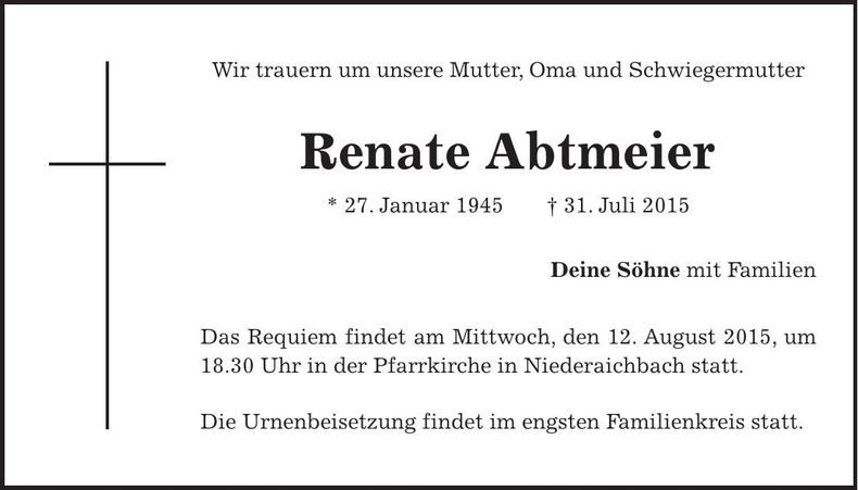 Traueranzeige Renate Abtmeier