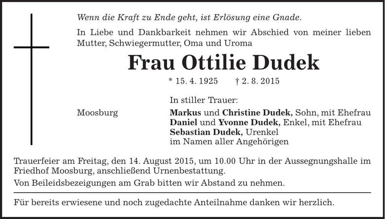 Traueranzeige Ottilie Dudek