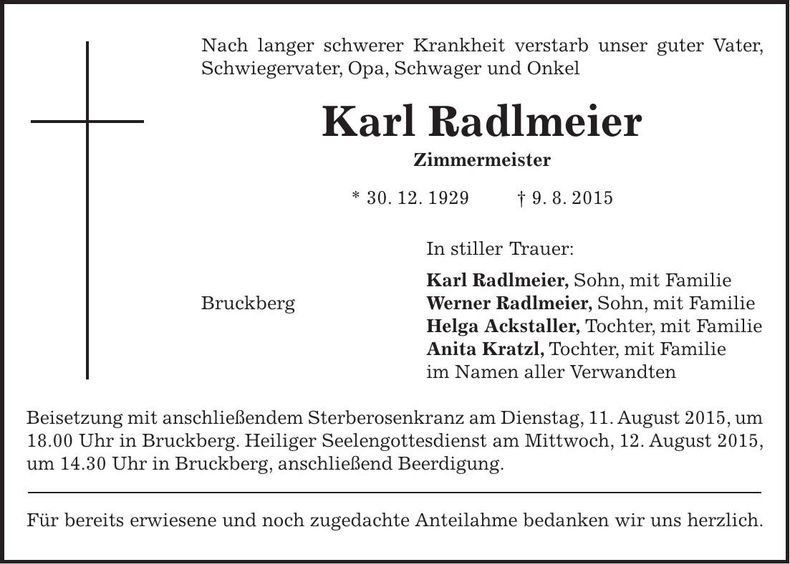 Traueranzeige Karl Radlmeier