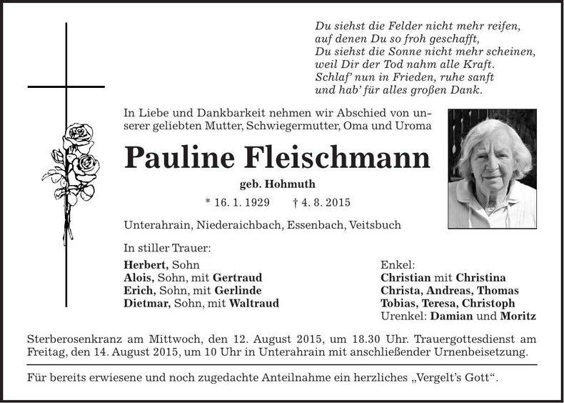 Traueranzeige Pauline Fleischmann