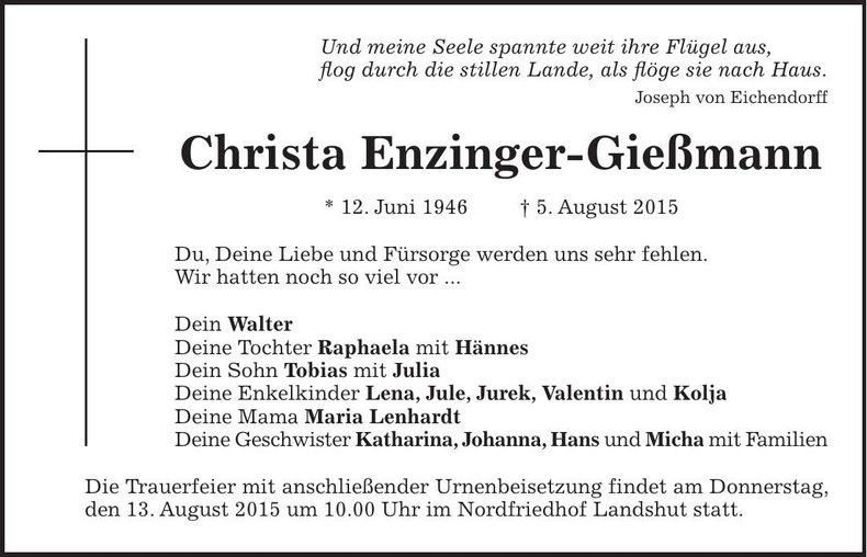 Traueranzeige Christa Enzinger-Gießmann