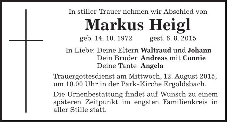 Traueranzeige Markus Heigl