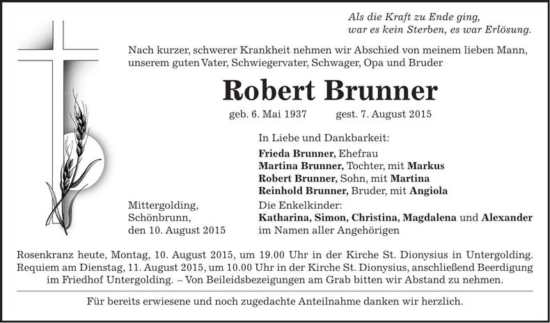 Traueranzeige Robert Brunner