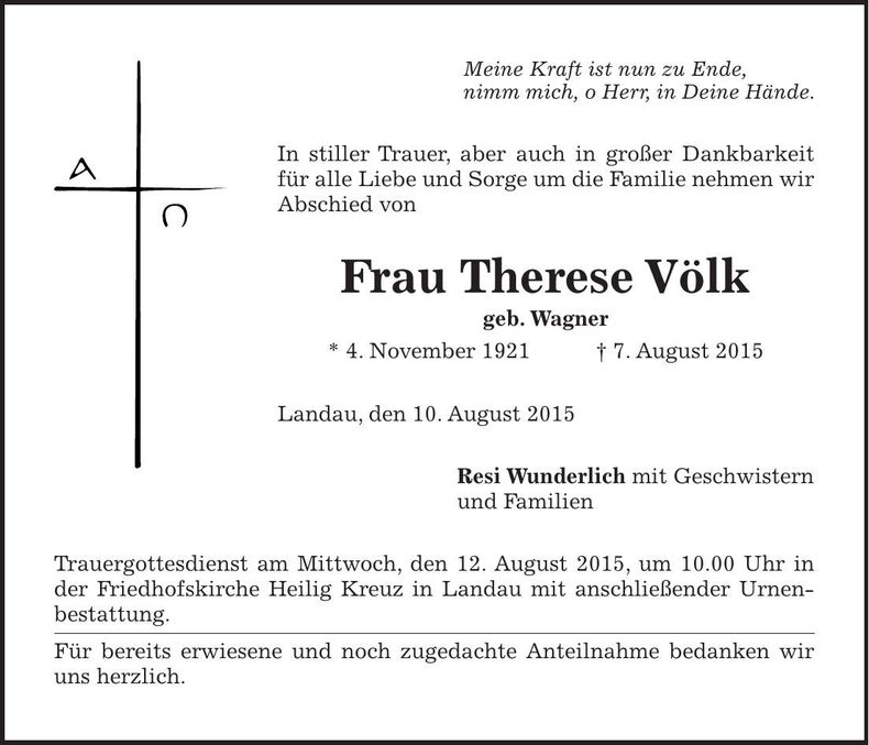 Traueranzeige Therese Völk