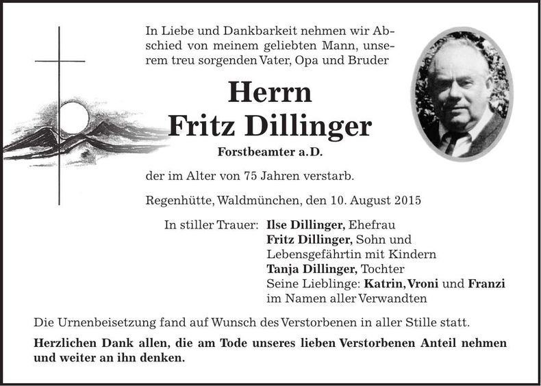 Traueranzeige Fritz Dillinger