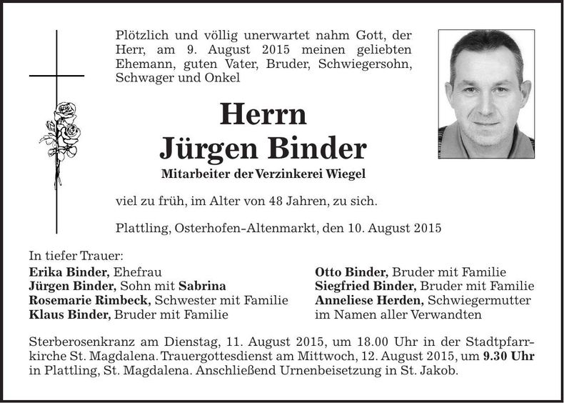 Traueranzeige Jürgen Binder
