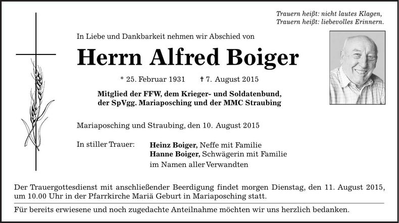 Traueranzeige Alfred Boiger