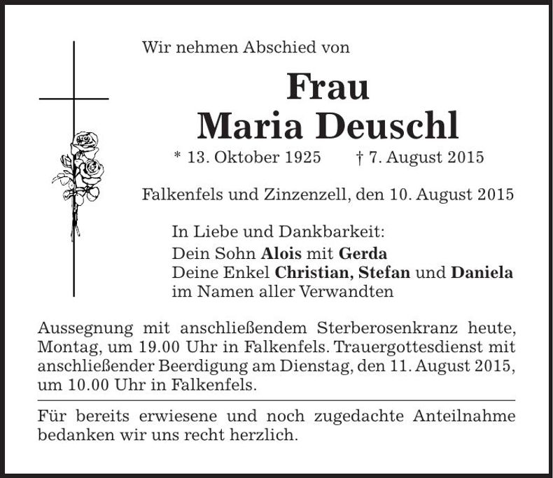 Traueranzeige Maria Deuschl