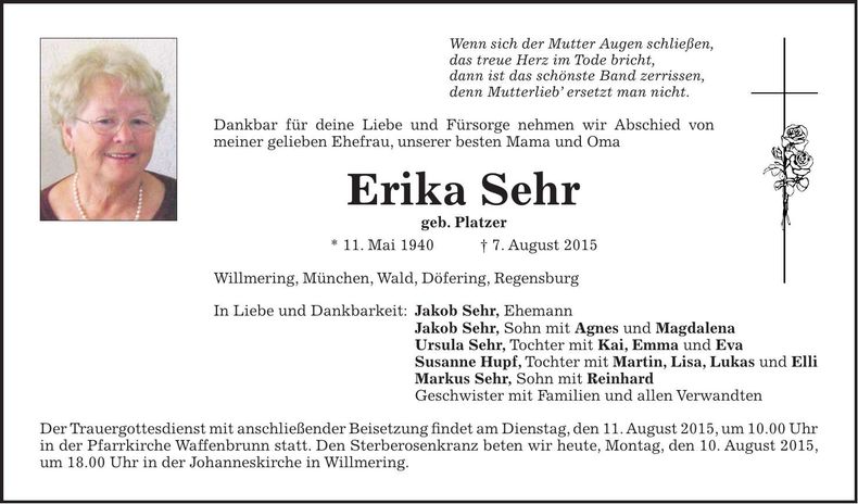 Traueranzeige Erika Sehr