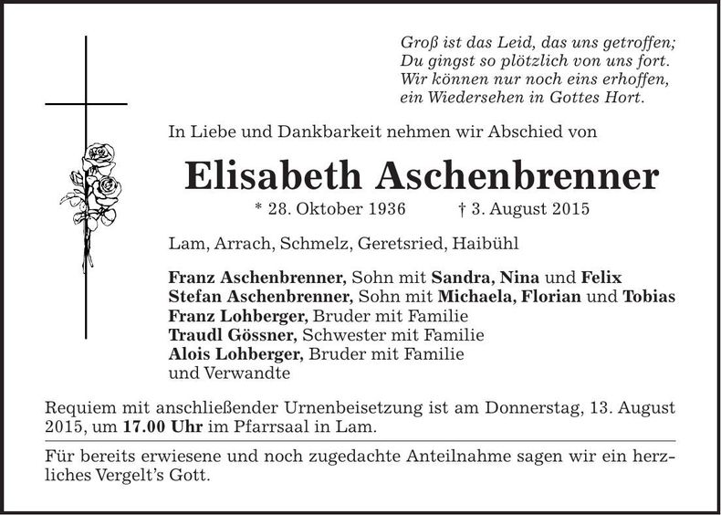 Traueranzeige Elisabeth Aschenbrenner