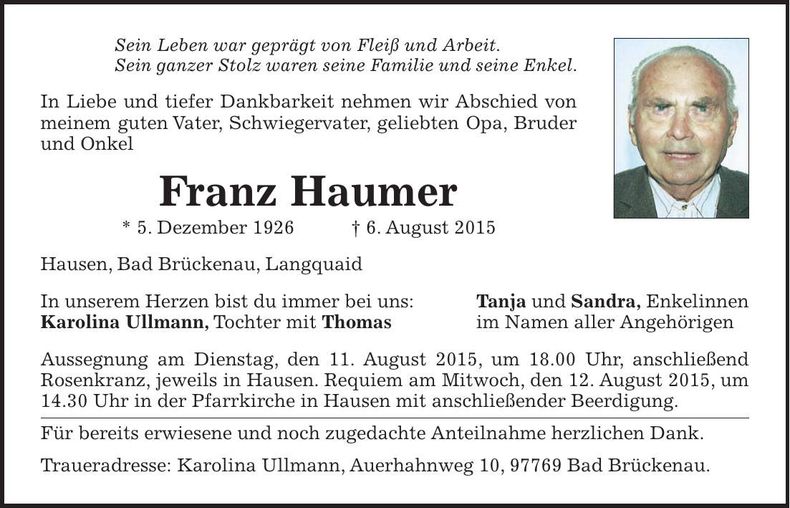 Traueranzeige Franz Haumer