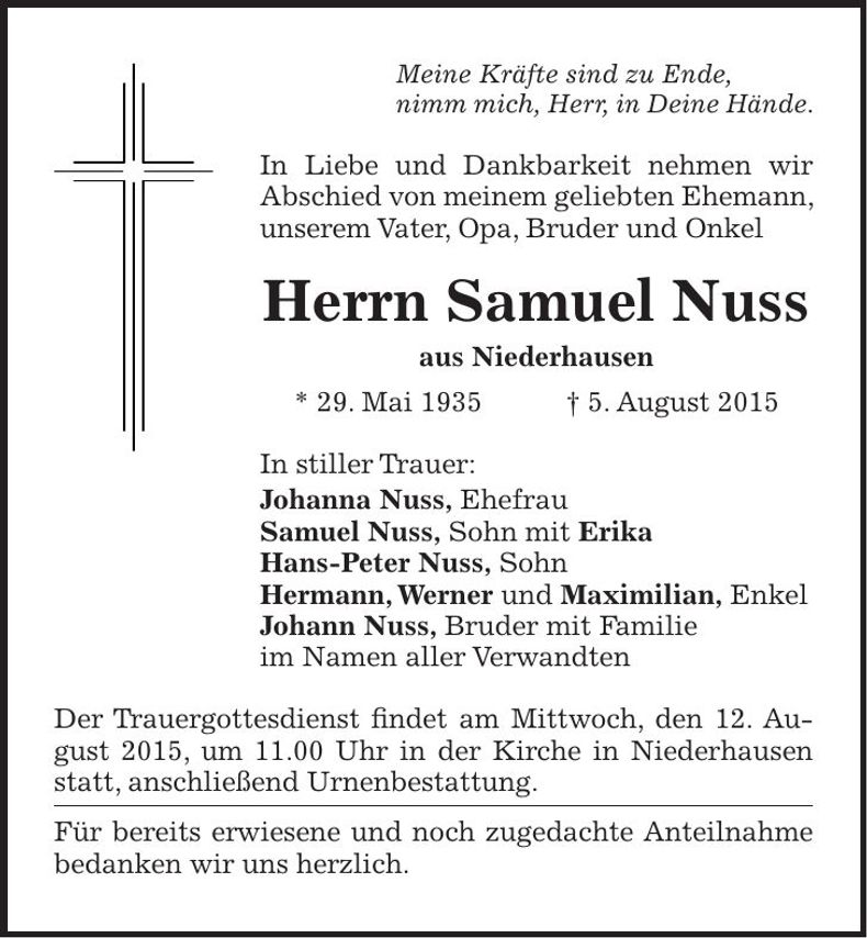 Traueranzeige Samuel Nuss