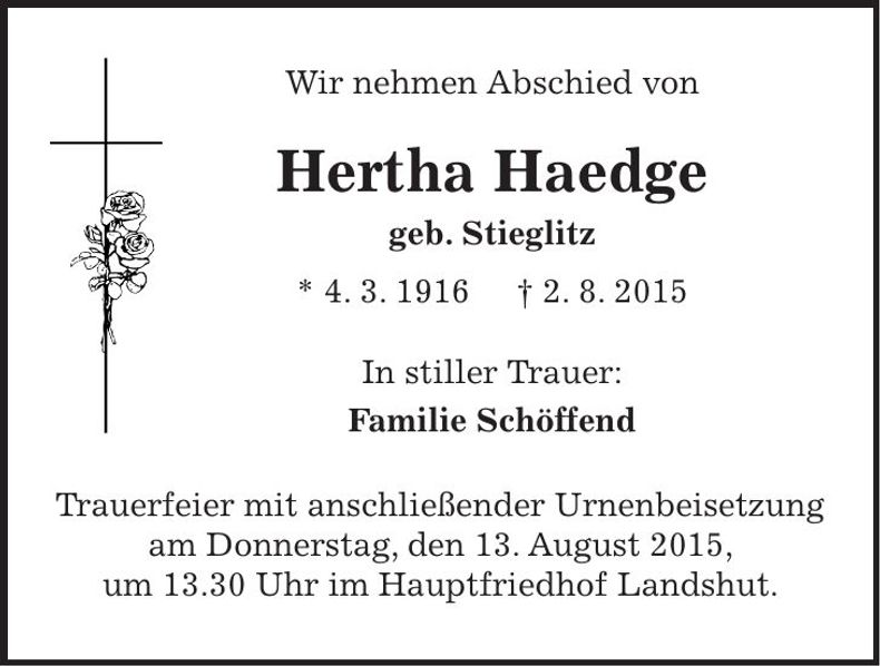 Traueranzeige Hertha Haedge