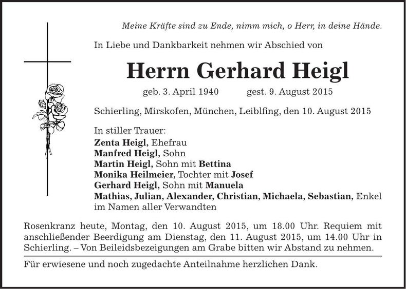 Traueranzeige Gerhard Heigl