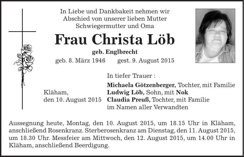 Traueranzeige Christa Löb