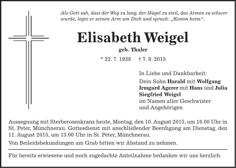 Traueranzeige Elisabeth Weigel