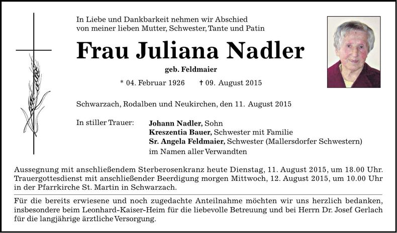 Traueranzeige Juliana Nadler
