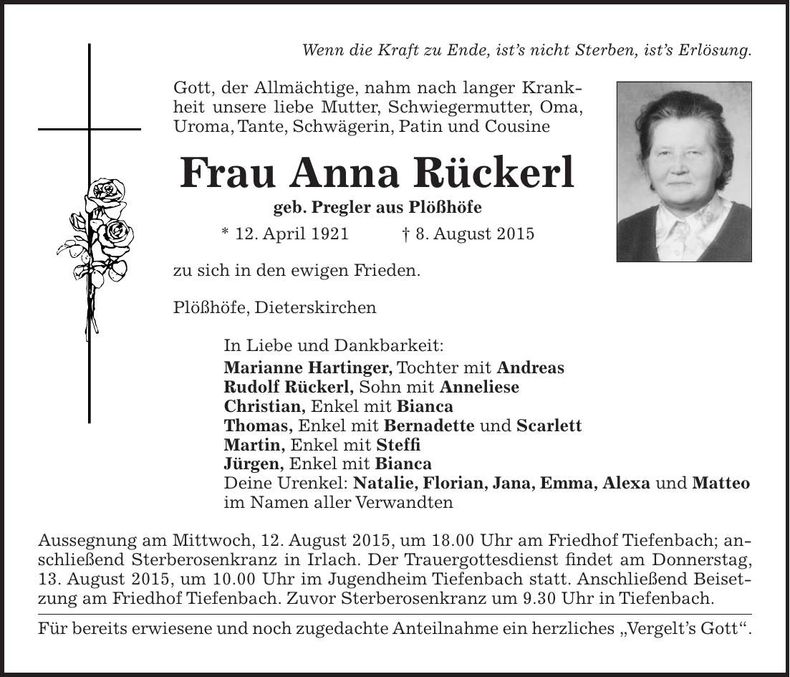Traueranzeige Anna Rückerl