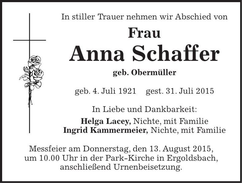 Traueranzeige Anna Schaffer