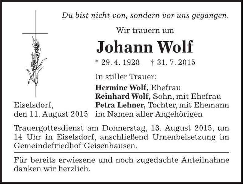 Traueranzeige Wolf Johann