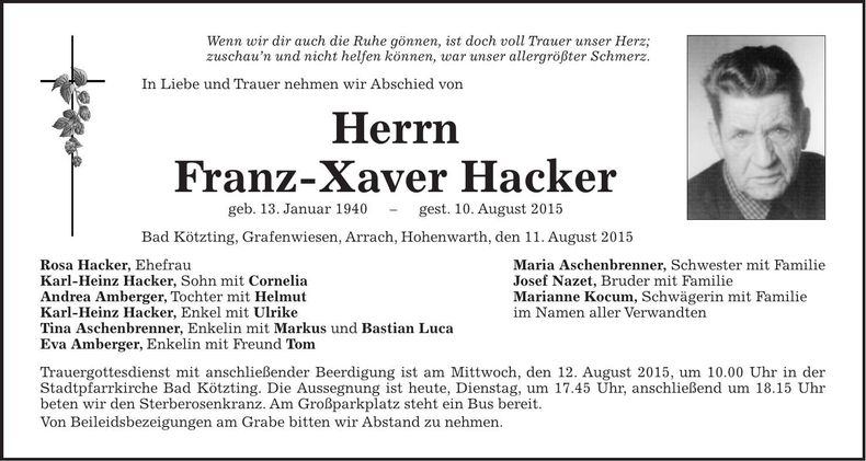 Traueranzeige Franz-Xaver Hacker