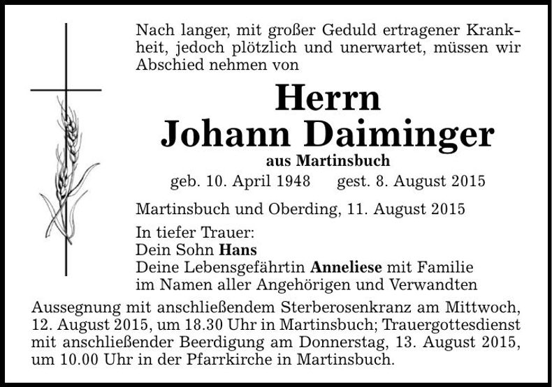 Traueranzeige Johann Daiminger