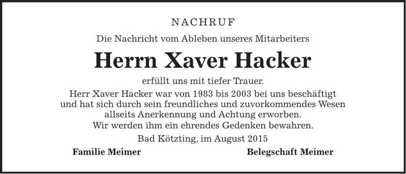Traueranzeige Franz Hacker