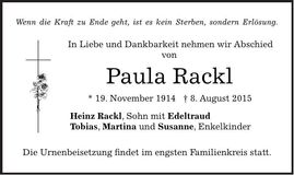 Traueranzeige Paula Rackl
