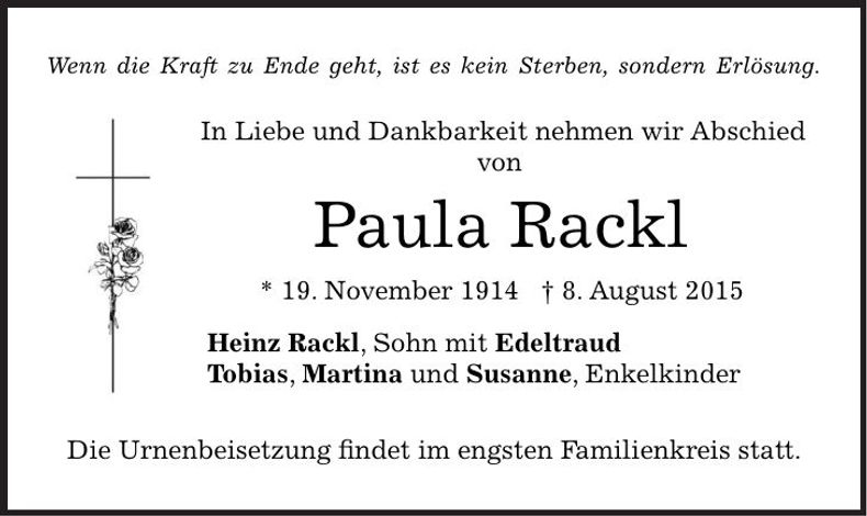 Traueranzeige Paula Rackl