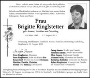 Traueranzeige Brigitte Ringlstetter