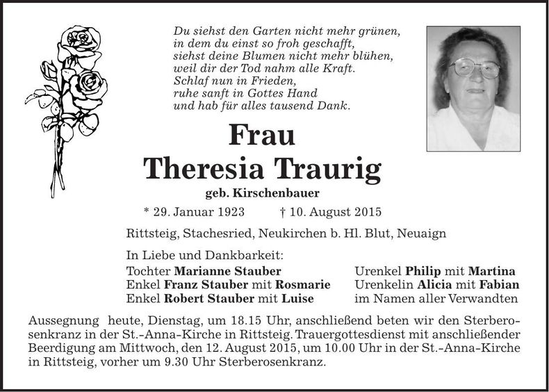 Traueranzeige Theresia Traurig