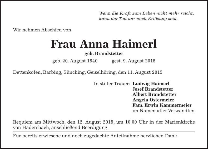 Traueranzeige Anna Haimerl