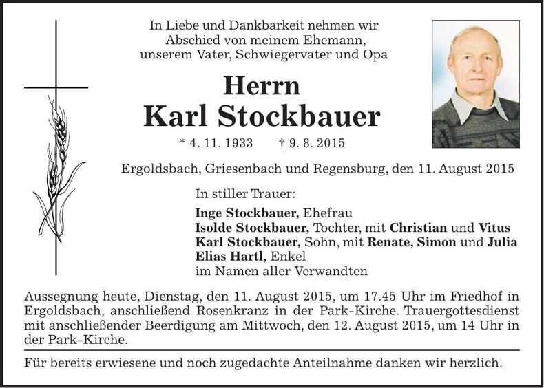 Traueranzeige Karl Stockbauer