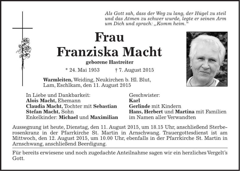 Traueranzeige Franziska Macht
