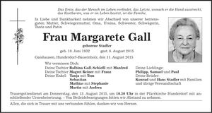 Traueranzeige Margarete Gall