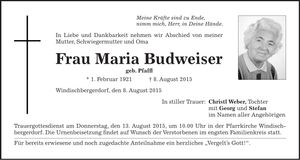 Traueranzeige Maria Budweiser