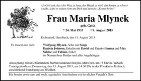 Traueranzeige Maria Mlynek