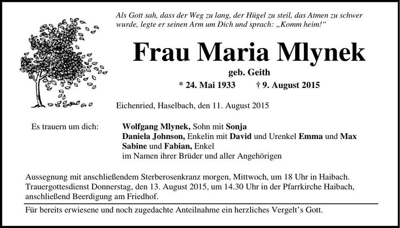 Traueranzeige Maria Mlynek