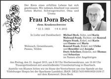 Traueranzeige Dora Beck