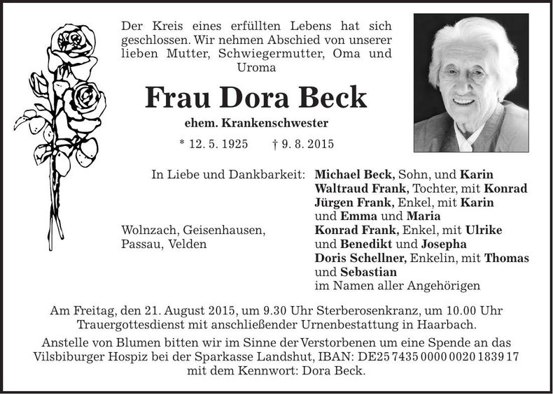 Traueranzeige Dora Beck