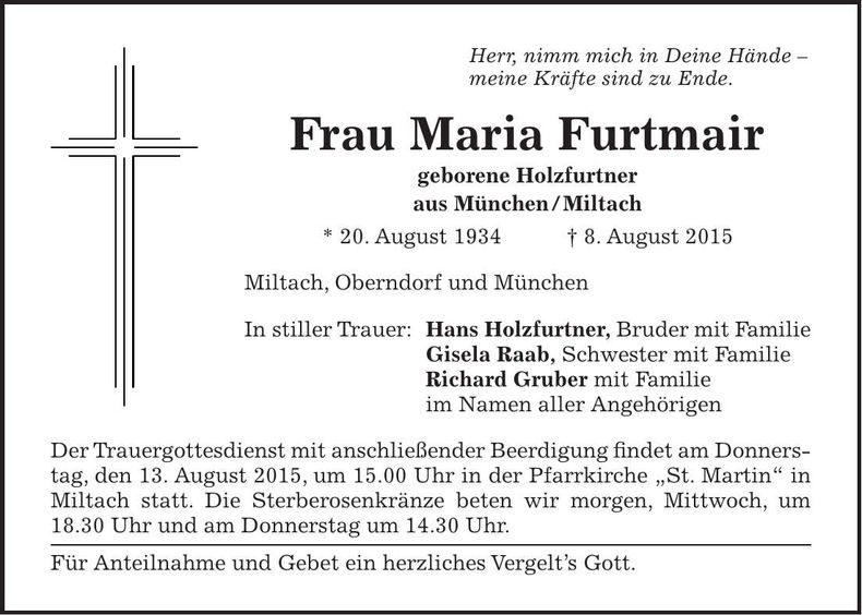Traueranzeige Maria Furtmair