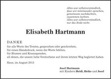 Traueranzeige Elisabeth Hartmann
