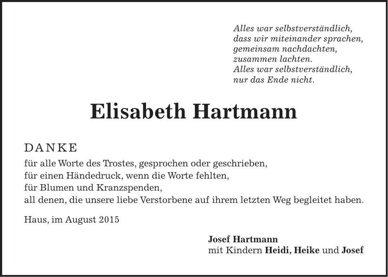 Traueranzeige Elisabeth Hartmann