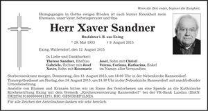 Traueranzeige Xaver Sandner