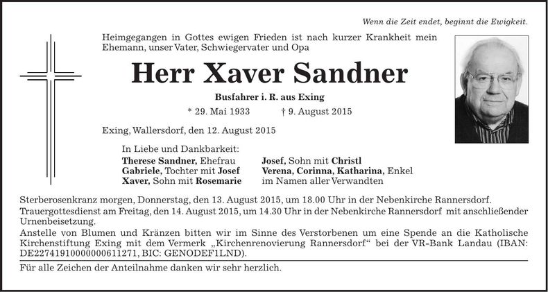 Traueranzeige Xaver Sandner