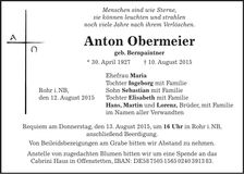 Traueranzeige Anton Obermeier