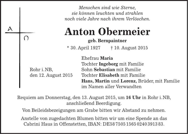 Traueranzeige Anton Obermeier