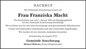 Traueranzeige Franziska Macht